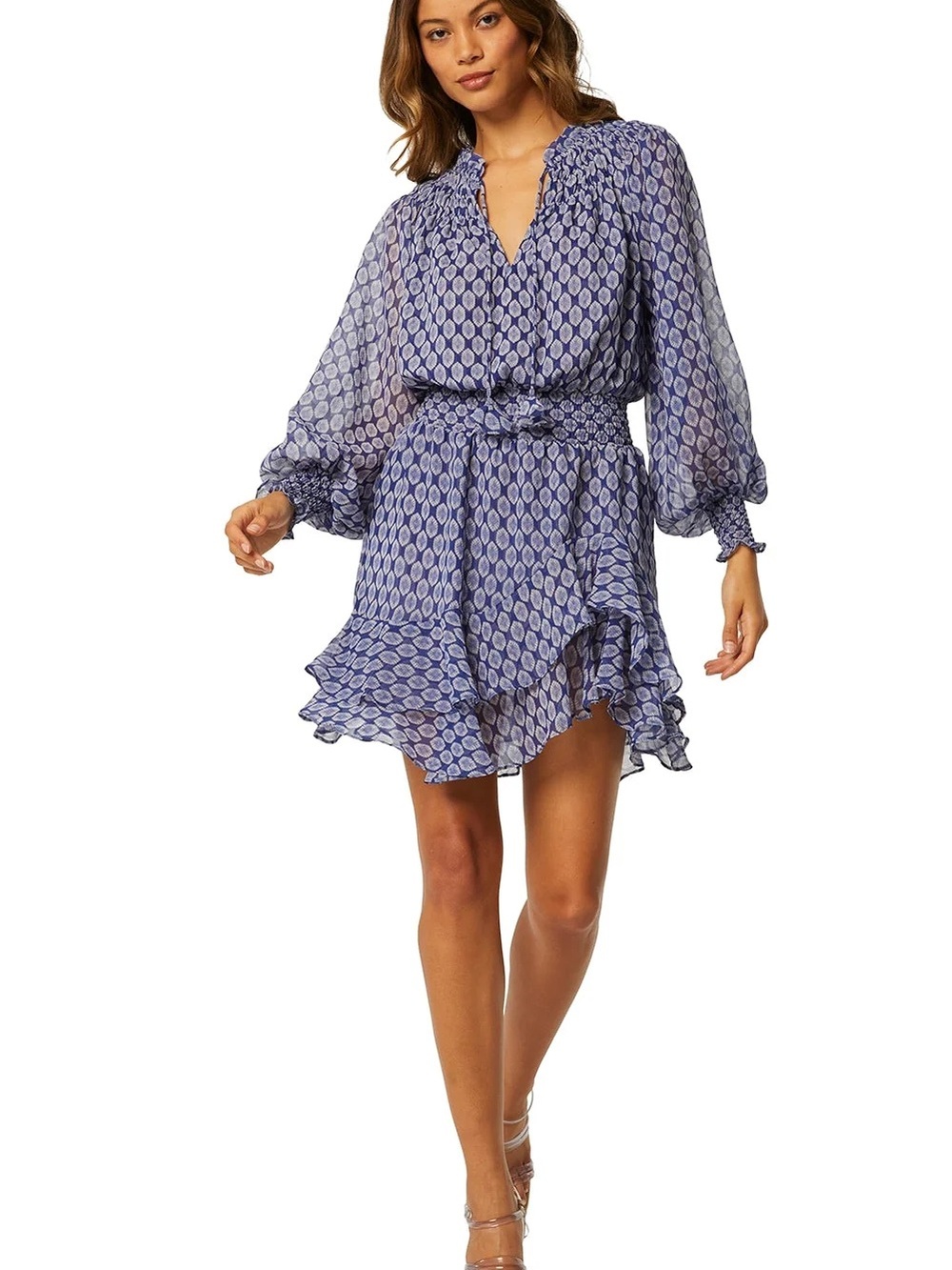 NWT Misa Los Angeles Almaha Blue Smocked-Waist Long Sleeve Mini Dress Small